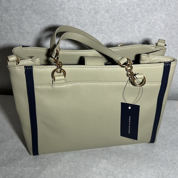 Tommy Hilfiger Taupe Navy Leather Satchel Tote Bag - Picture 10 of 11